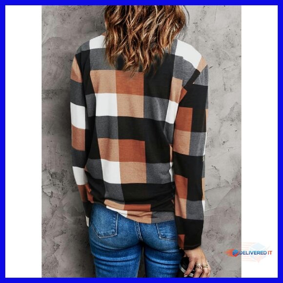 V-Neck Plaid Button-Down Blouse Long Sleeve Casual Work Top - Picture 3 of 8